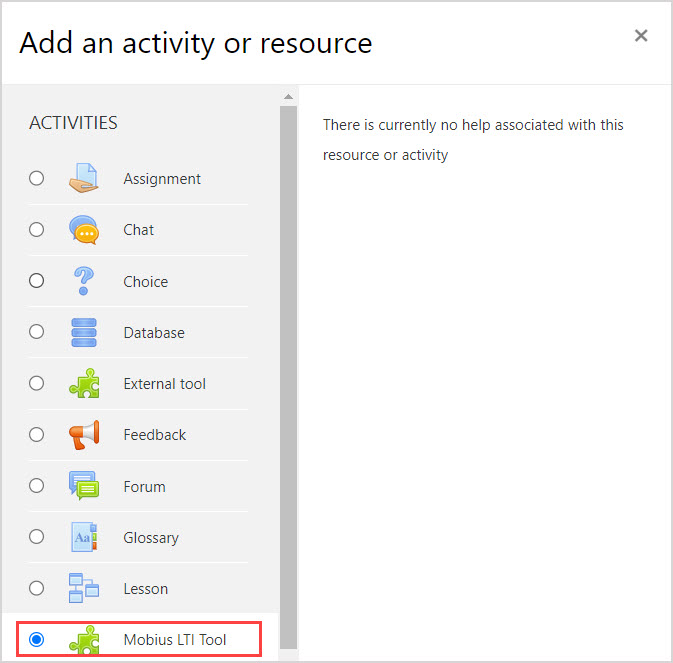 In Moodle popup Add an activity or resource, Mobius LTI Tool is highlighted.